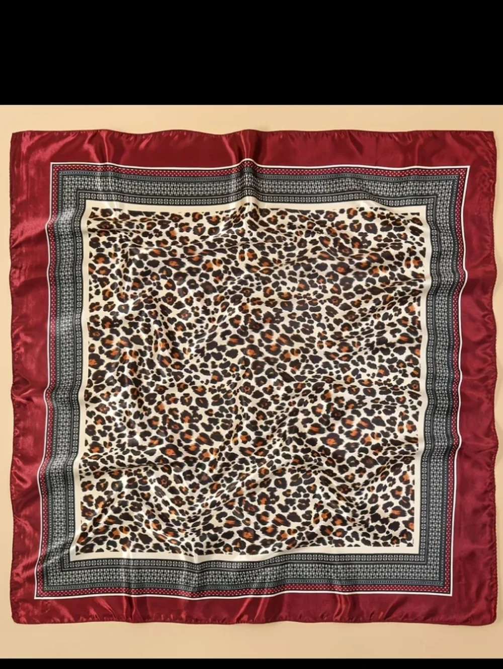 Leopard Satin Head Scarf with Deep Red Border